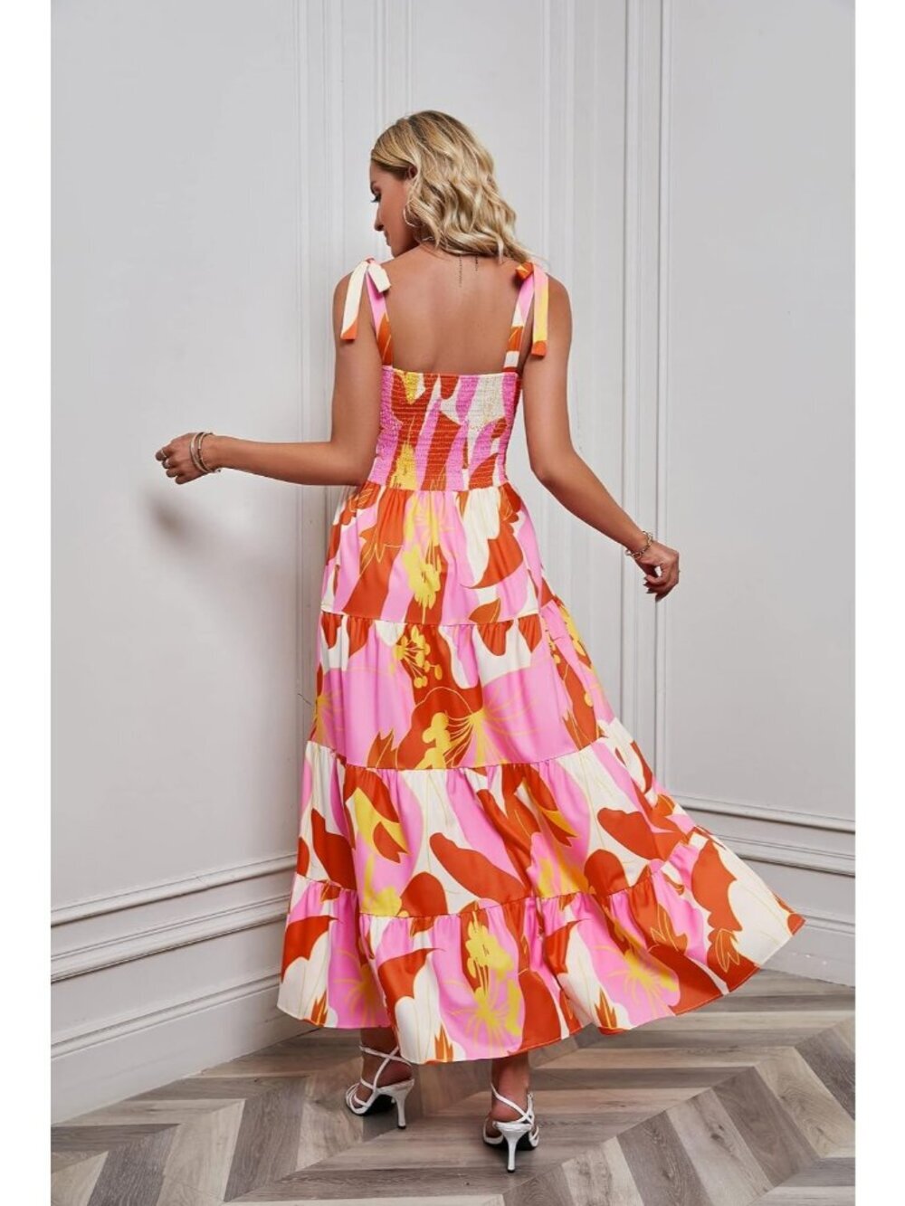 Women's Orange 1 Sleeveless Square Neck Ruffle Flowy Imported Maxi Dress - Picture 2 of 6